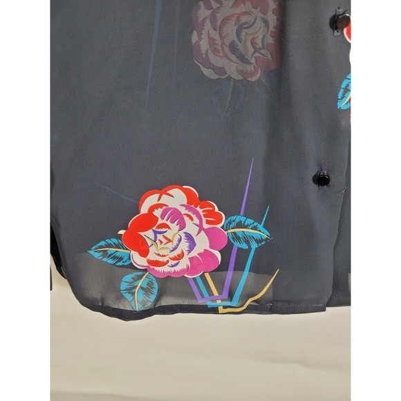 KAKI ROBERTS size 16 sheer Ruffle black flower VINTAGE 80's blouse shirt top - Picture 5 of 7